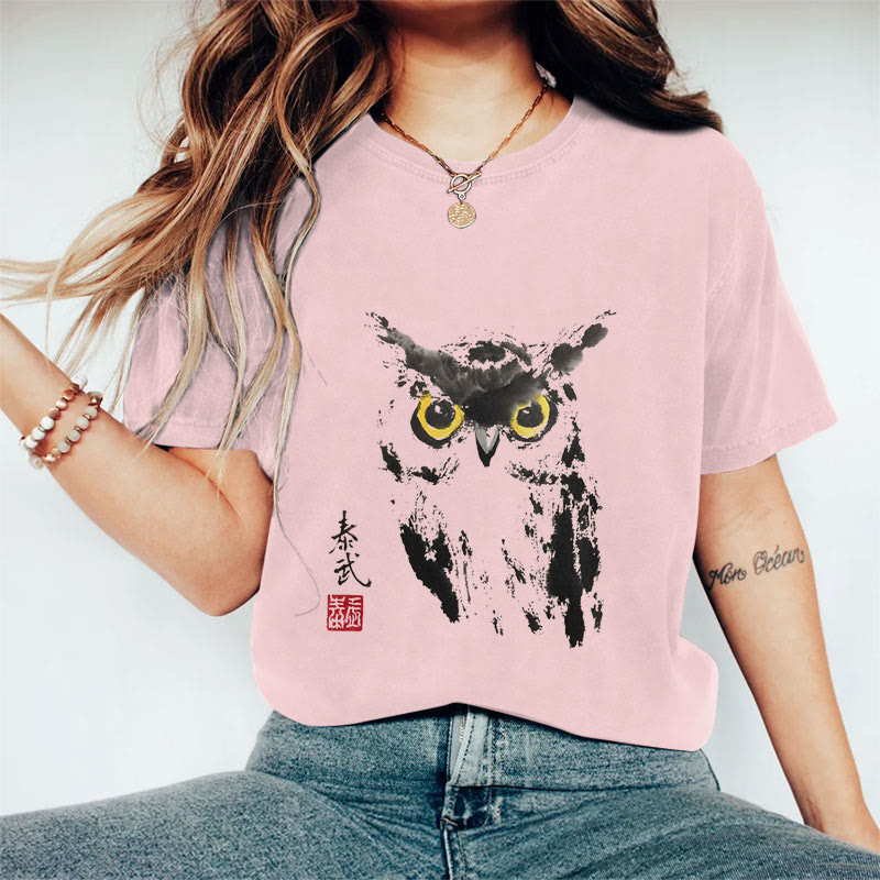 100% Cotton Women's Owl Art Print Casual T-Shirt - Pink - 2XL - image 7