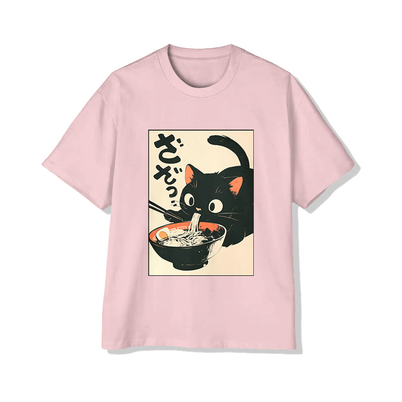 Unisex Japanese Cat Eating Ramen Print Short Sleeved Crew Neck T-shirt - Apricot - 2XL - image 5