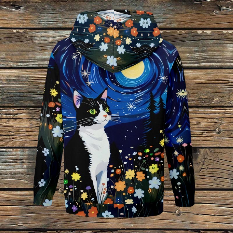 Women's Oil Painting Moon Night Cat With Flowers Print Fleece Jacket - image 3