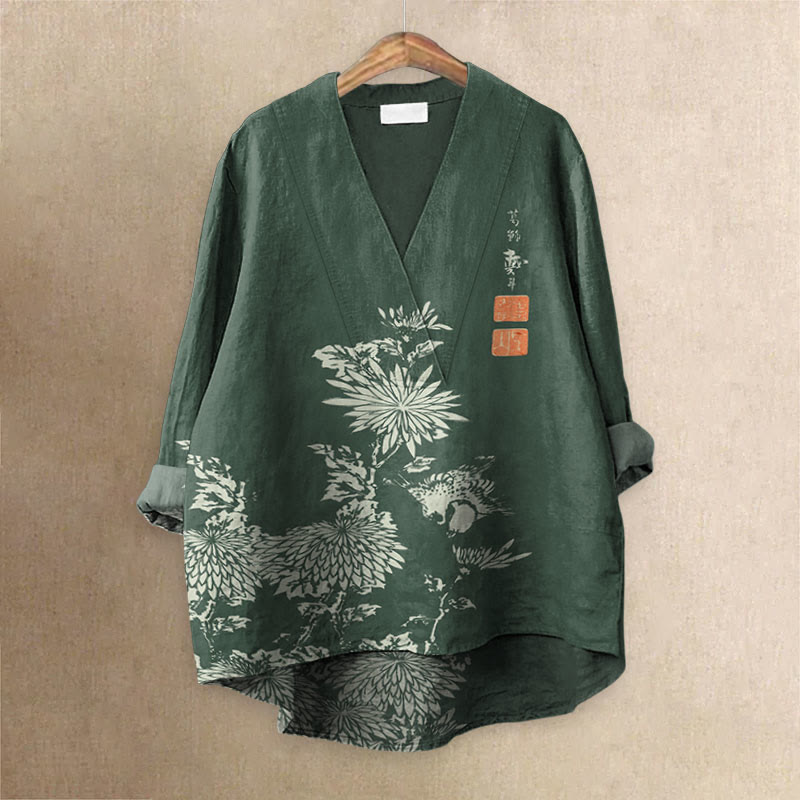 Vintage Chrysanthemum Printed Casual V-neck Blouse - Green - 6XL - image 2