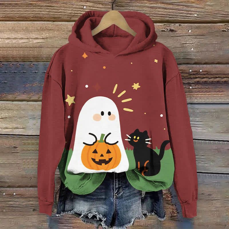 Halloween Cartoon Ghost & Black Cat Print Long Sleeve Hoodie - Red - US44-46(8XL) - image 2