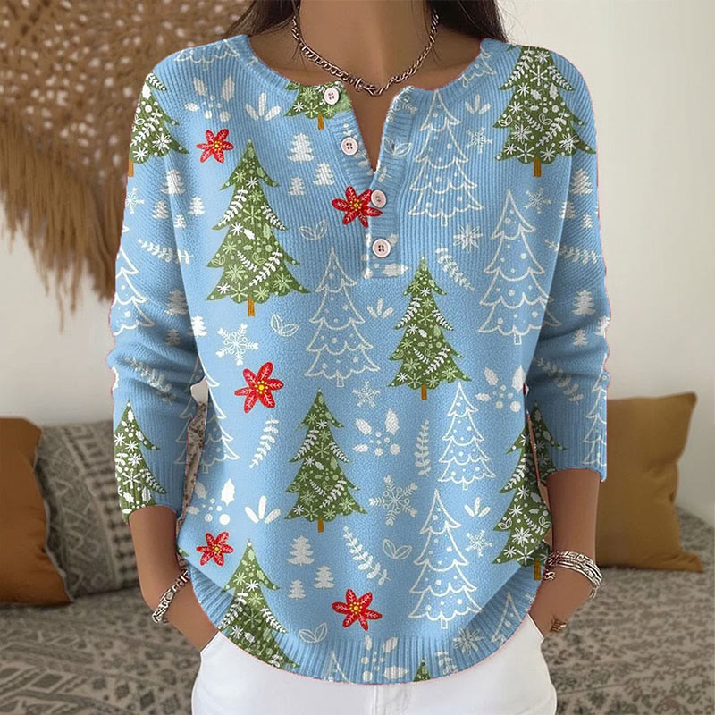 Women's Christmas Tree Print Button Sweater - Blue - 5XL - image 2