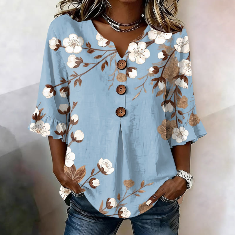 Relaxed Fit Floral Print Button V-neck Blouse With Ruffle Sleeves - Sky Blue - US32-34(5XL) - image 3