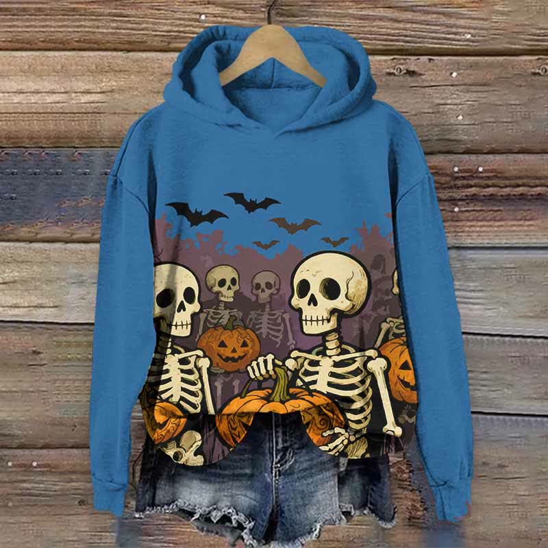 Halloween Skeleton Man Holding Pumpkin Print Long Sleeve Hoodie - Blue - US44-46(8XL) - image 2