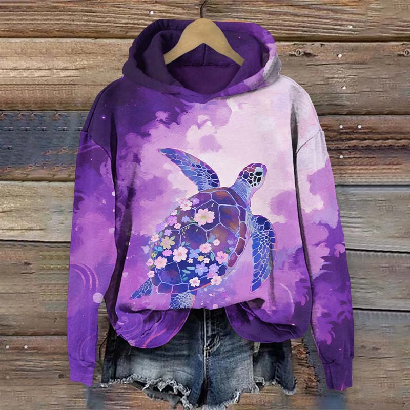 Watercolor Floral Sea Turtle Print Long Sleeve Hoodie - Purple - US44-46(8XL) - image 2