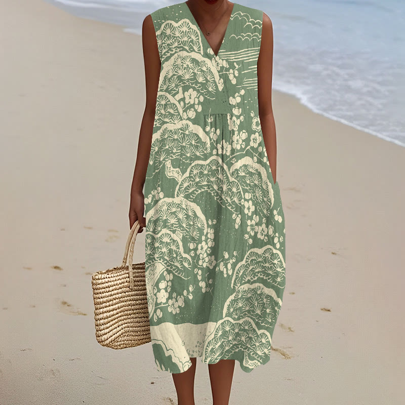 Japanese Art Plum Blossom Art Print V-neck Sleeveless Dress - Green - 5XL - image 5