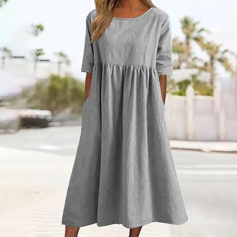 Elegant Solid Round-neck Short-sleeve Midi Dress - Light Gray - 5XL - image 8