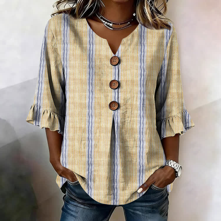 Vacation Color-Block Stripes Texture Pattern Print Button V-Neck Blouse With Ruffle Sleeves - Yellow - US32-34(5XL) - image 4