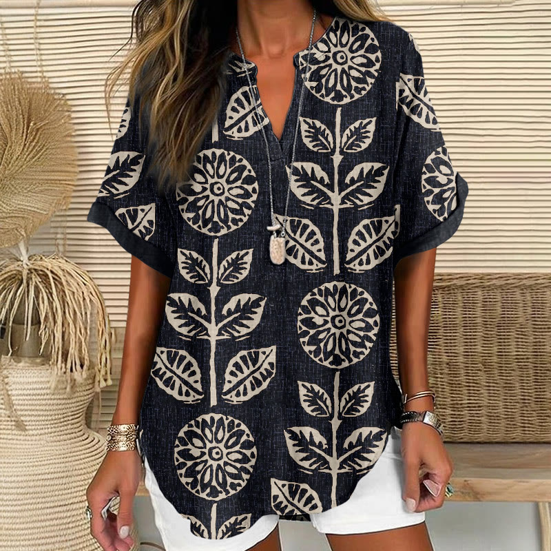 Boho Rubbing Sunflower Floral Pattern Pattern Print Short Sleeve Casual Blouse - Black - 5XL - image 5