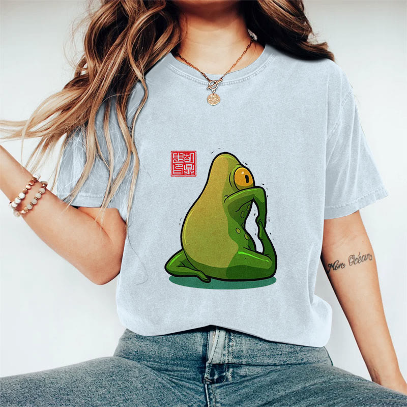 100% Cotton Funny Frog Yoga Art Print Casual T-shirt - Blue - 2XL - image 3