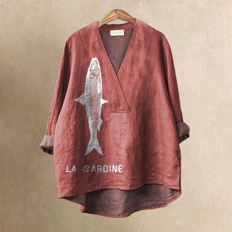 Dashingsoul Sardine Fish Graphic Printed Casual V-neck Shirt