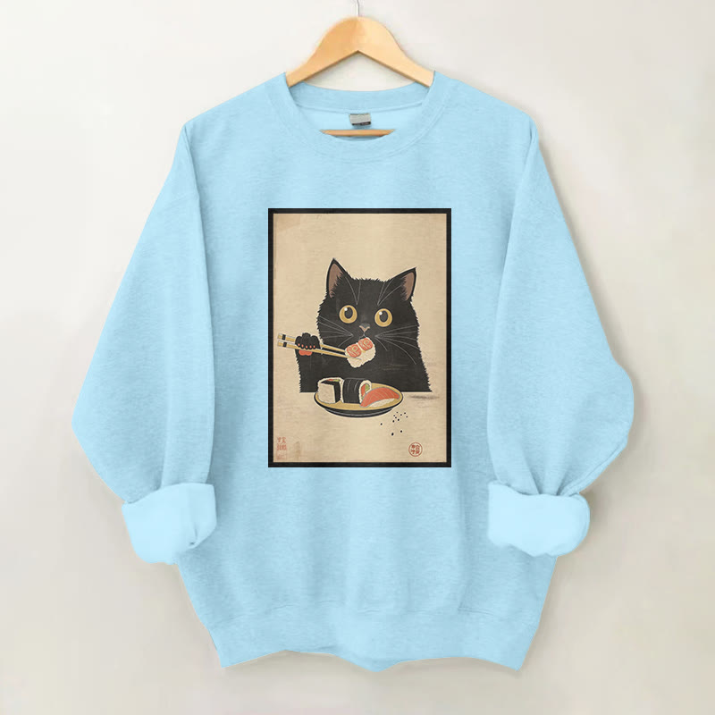 100% Cotton Chopstick Cat Sushi Print Round Neck Casual Fleece Sweatshirt - Blue - 2XL - image 4