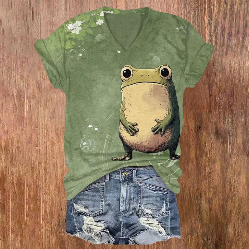 An Endearingly Silly, Fun-loving Frog Printed Short Sleeved V-neck T-shirt - Light Green - US32-34(5XL) - image 1
