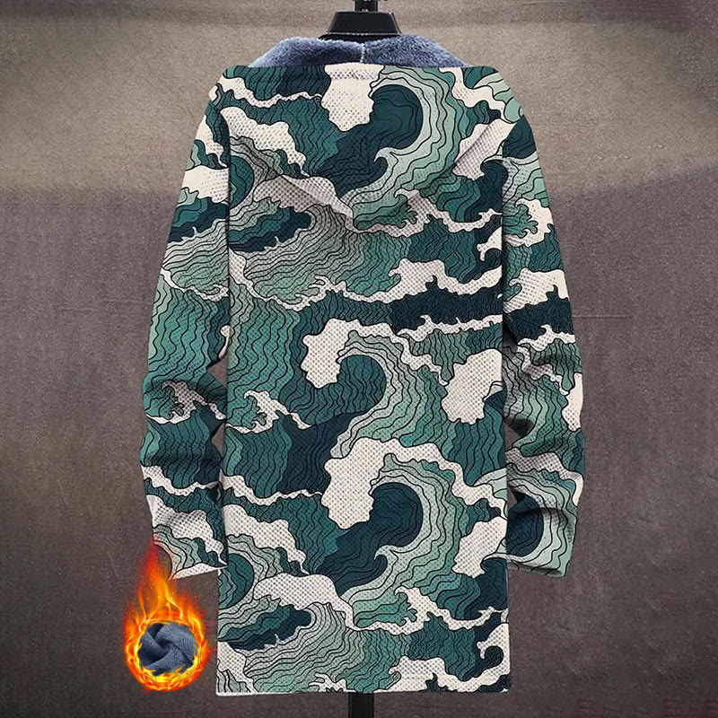 Ukiyo-e Waves Print Unisex Plush Thick Long-sleeved Fleece Jacket Coat - image 3