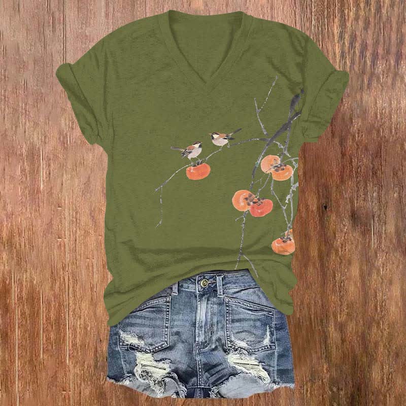 Japanese Ink Watercolor Birds On Persimmon Tree Art Print V-neck T-shirt - Green - US32-34(5XL) - image 3