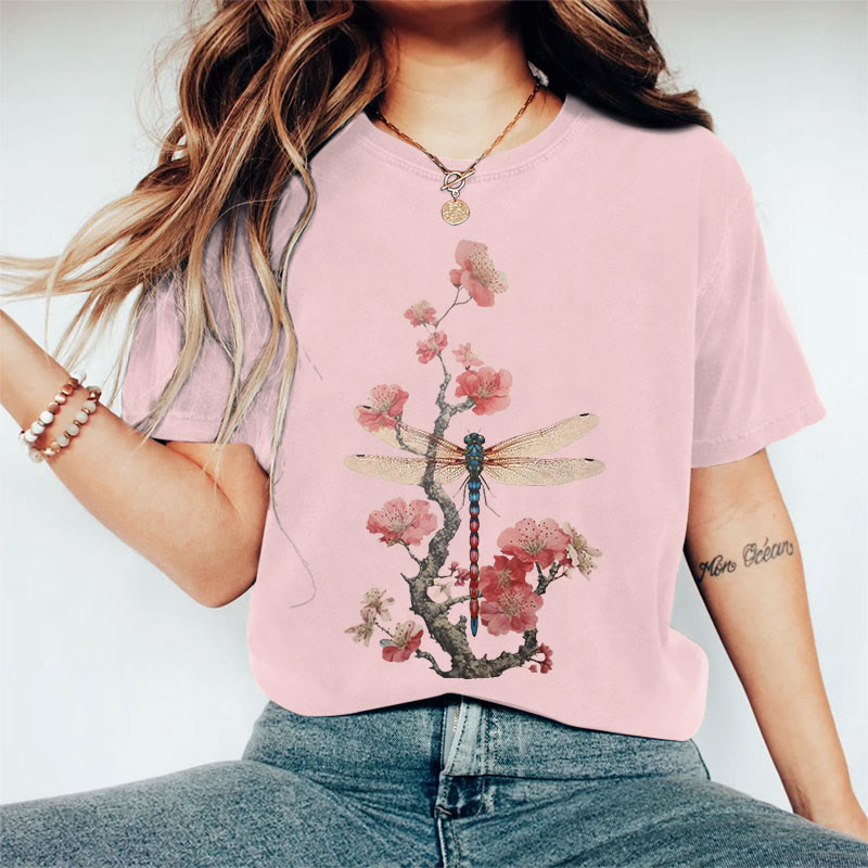 100% Cotton Retro Plum Blossom Dragonfly Japanese Art Print Casual T-shirt - Pink - 2XL - image 7
