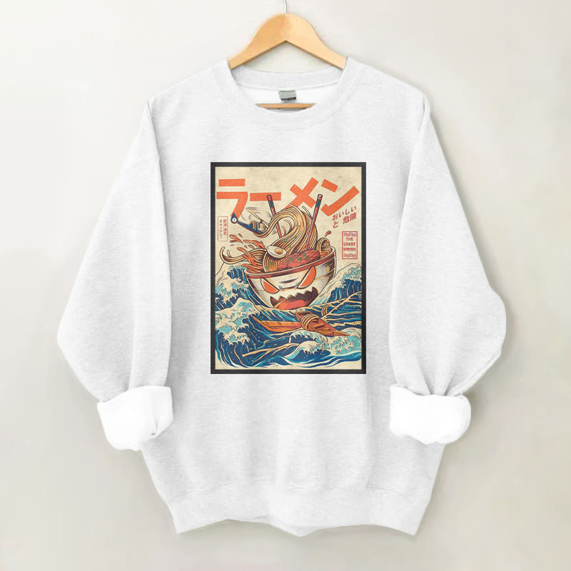 100% Cotton Funny Ramen Wave Art Print Round Neck Casual Fleece Sweatshirt - White - 2XL - image 3
