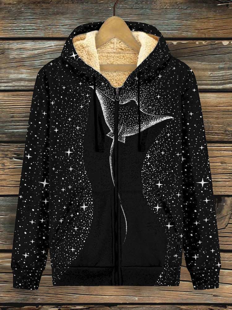 Starry Spotted Eagle Rays Print Fleece Jacket - Black - 4XL - image 2