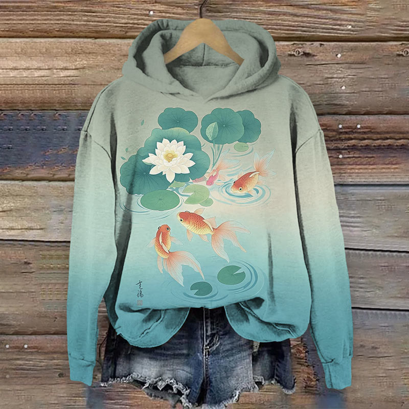 Lovely Cartoon Goldfish In Lotus Pond Art Print Long Sleeve Hoodie - image 4