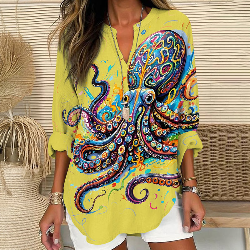 Vintage Rainbow Octopus Art Print V Neck Long Sleeve Blouse - Yellow - 8XL - image 5