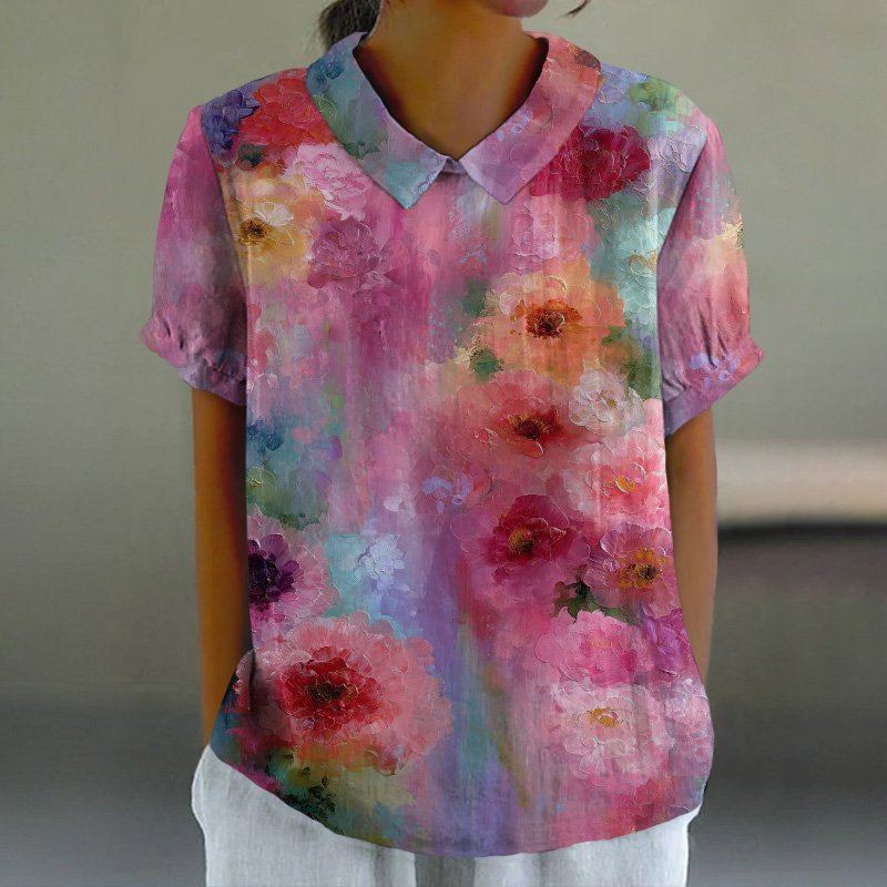 Oil Painting Colorful Flowers Print Casual Lapel Loose Blouse - Multicolor - 6XL - image 1