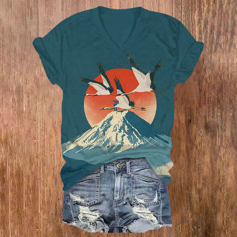 Japanese Sunrise Mount Fuji & Cranes Art Print V-neck T-shirt - Olive Green - US32-34(5XL) - image 3