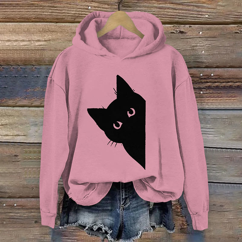 Women's Lovely Peeping Black Kitten Art Print Long Sleeve Hoodie - Pink - 8XL - image 3