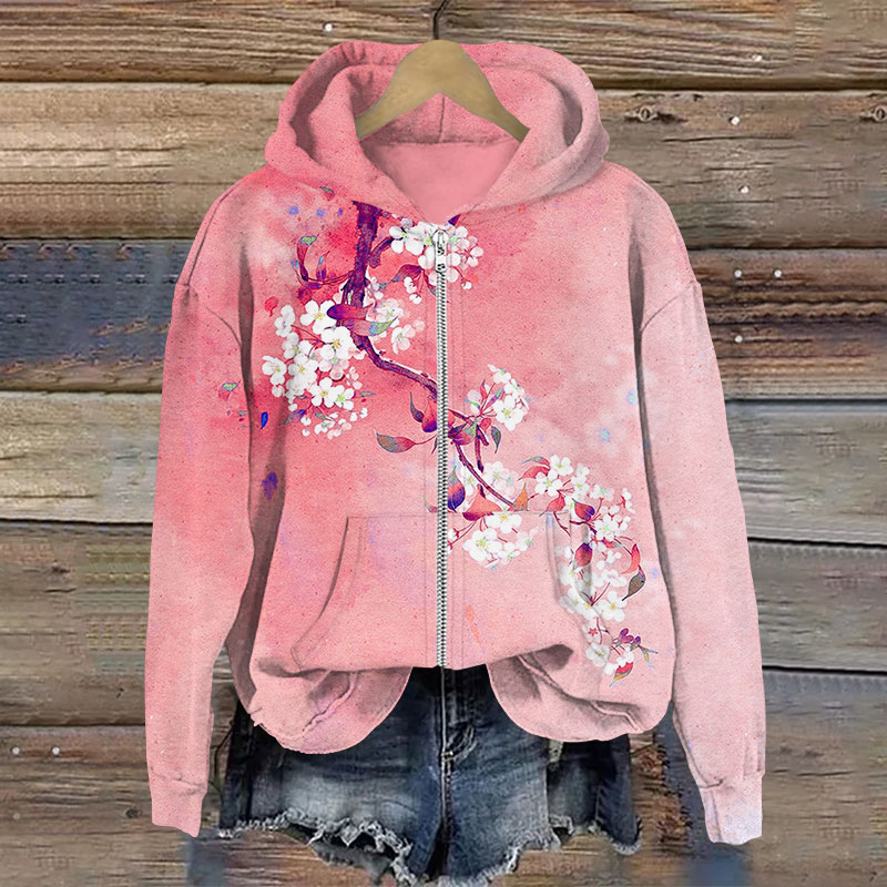 Japanese Antique Pear Blossom Ink Painting Print Long Sleeve Zipper Hoodie - Pink - US28-30(4XL) - image 4