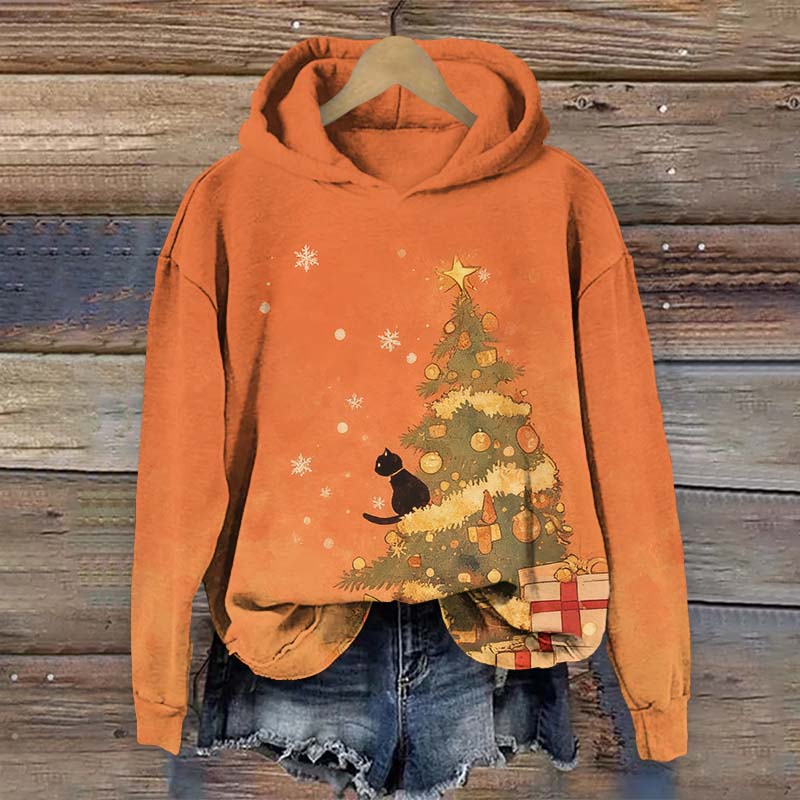 Black Cat Sitting On Gifts Decorated Christmas Tree Art Print Long Sleeve Hoodie - Orange - US44-46(8XL) - image 4