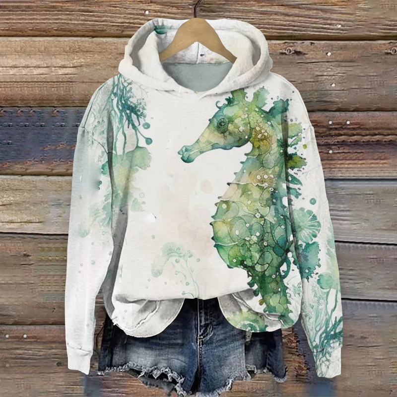 Watercolor Seahorse Botanical Print Long Sleeve Hoodie - Green - 8XL - image 1