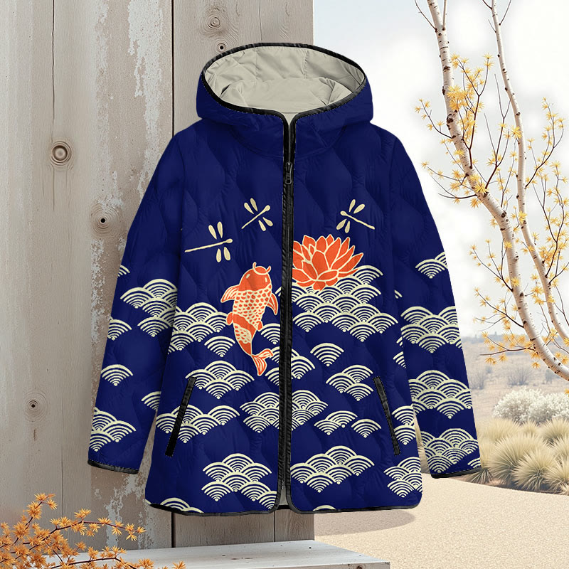 Japanese Style Koi Fish Dragonfly Wave Art Print Zipper Jackets - Dark Blue - 4XL - image 6