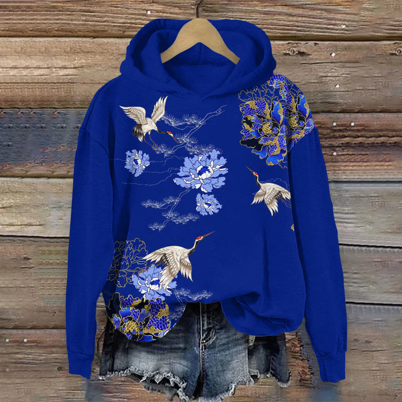 Japanese Crane And Peony Flower Print Casual Hoodie