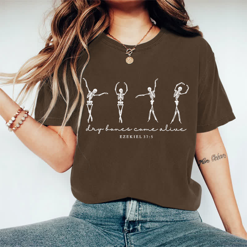 100% Cotton Women's Dancing Skeleton Man Halloween Art Print Casual T-shirt - Coffee - 2XL - image 6