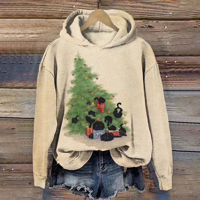 Lovely Christmas Tree Cats Art Print Long Sleeve Hoodie - Apricot - US44-46(8XL) - image 2