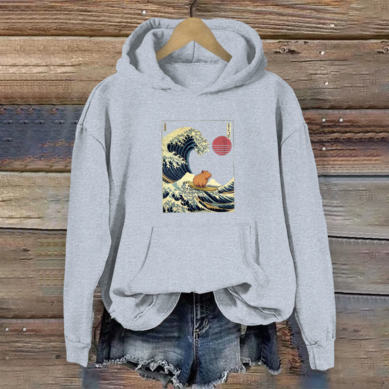 100% Cotton Funny Capybara Kanagawa Japanese Surfing Wave Print Women's Hoodie - Grey - 2XL - image 4