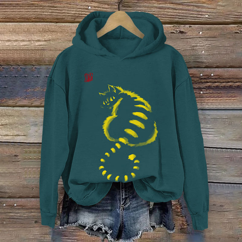 Japanese Abstract Cat Looking Back Print Long Sleeve Hoodie - Green - US44-46(8XL) - image 3