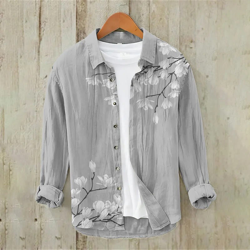 Men's Vintage Japanese Floral Art Print Casual Long Sleeve Lapel Shirt - Grey - 5XL - image 3