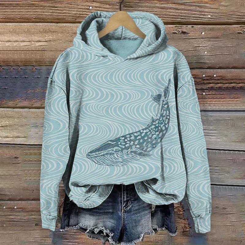 Ocean Whale Lino Art Graphic Long Sleeve Hoodie - Lake Blue - 8XL - image 1
