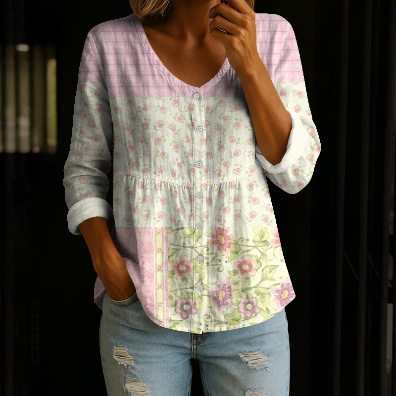 Vintage Floral Striped Print Button V-neck A-line Long Sleeve Blouse - Mint - 4XL - image 1