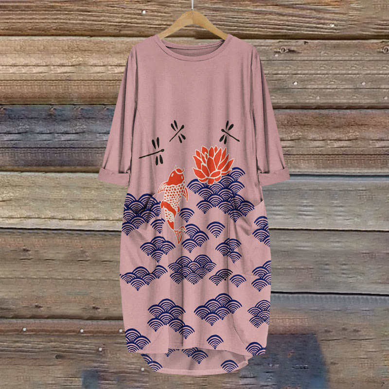 Japanese Style Koi Fish Dragonfly Wave Art Print Crew Neck Dress - Pink - 8XL - image 6