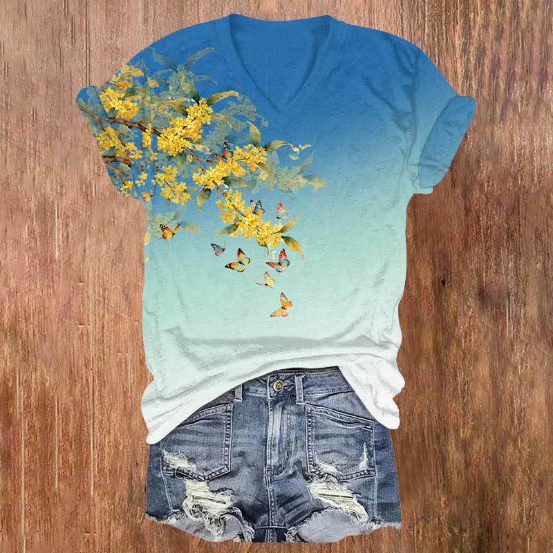 Japanese Vibrant Winter Jasmine & Butterfly Print V-neck T-shirt - Blue - US32-34(5XL) - image 4