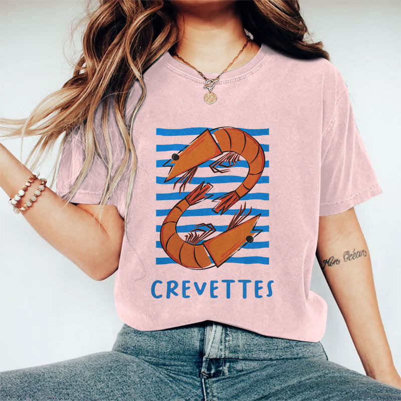 100% Cotton Women's  Japanese Crevettes  Art Print Casual T-shirt - Pink - 2XL - image 7