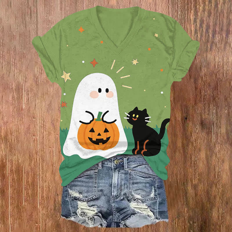 Halloween Cartoon Ghost & Black Cat Print V-neck T-shirt - Green - US32-34(5XL) - image 5