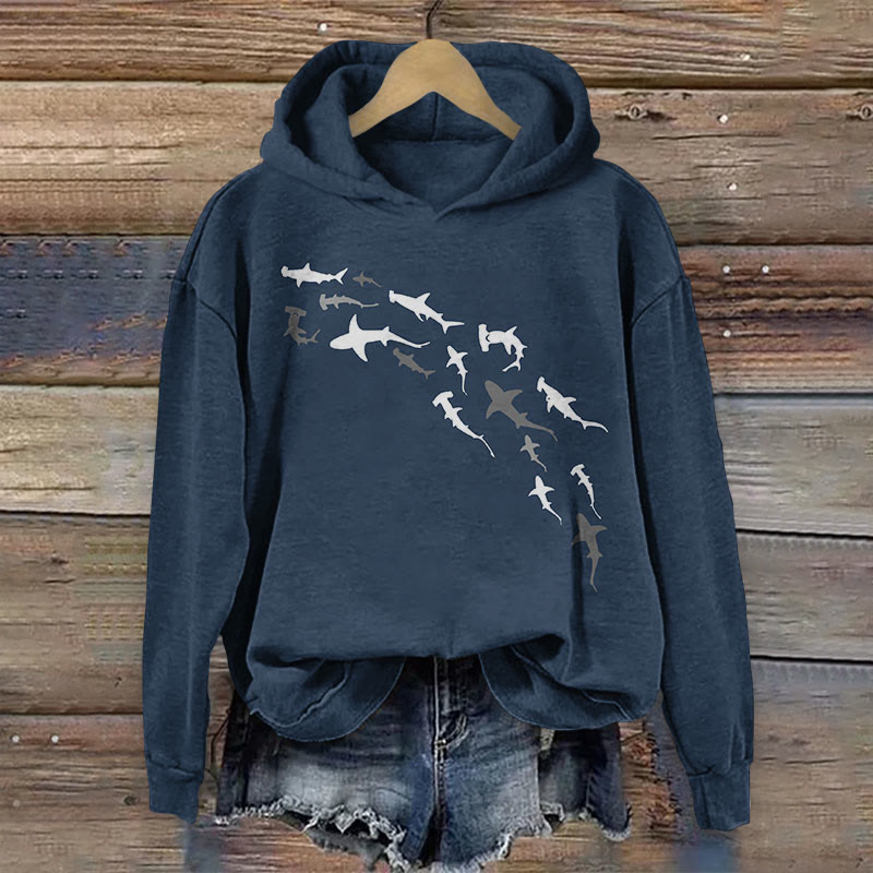 Dashingsoul Shark Print Casual Long Sleeve Hoodie