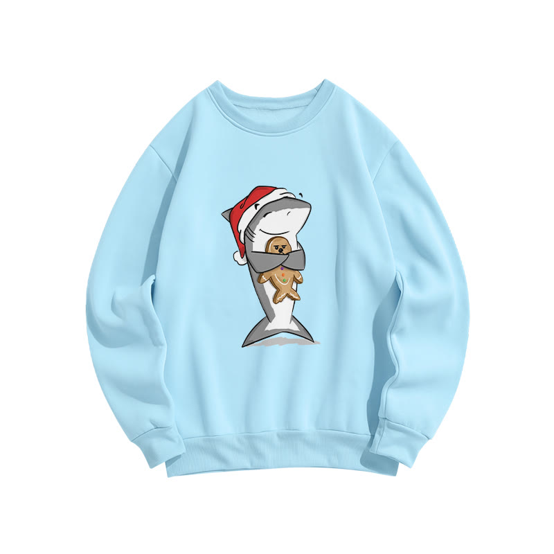 Christmas Lovely Shark Holding Gingerbread Man Print Crew Neck Sweatshirt - Blue - US16-18(2XL) - image 6