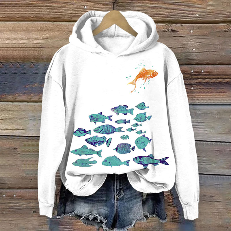 Fun Fish Print Long Sleeve Hoodie - White - 8XL - image 1
