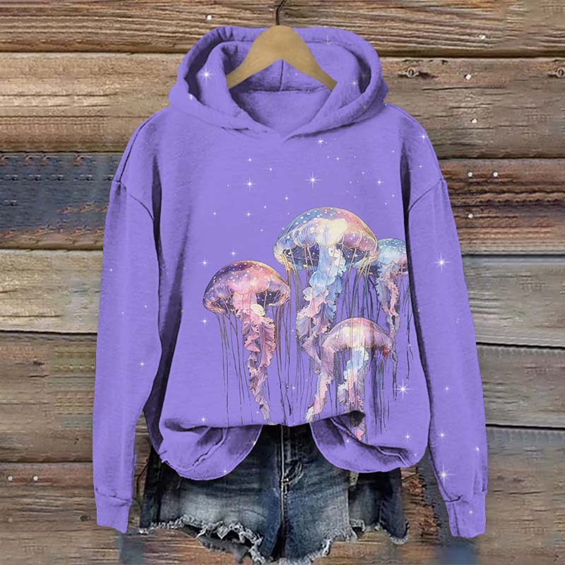 Vintage Starry Fantasy Glowing Jellyfish Print Long Sleeve Hoodie - Purple - US44-46(8XL) - image 3