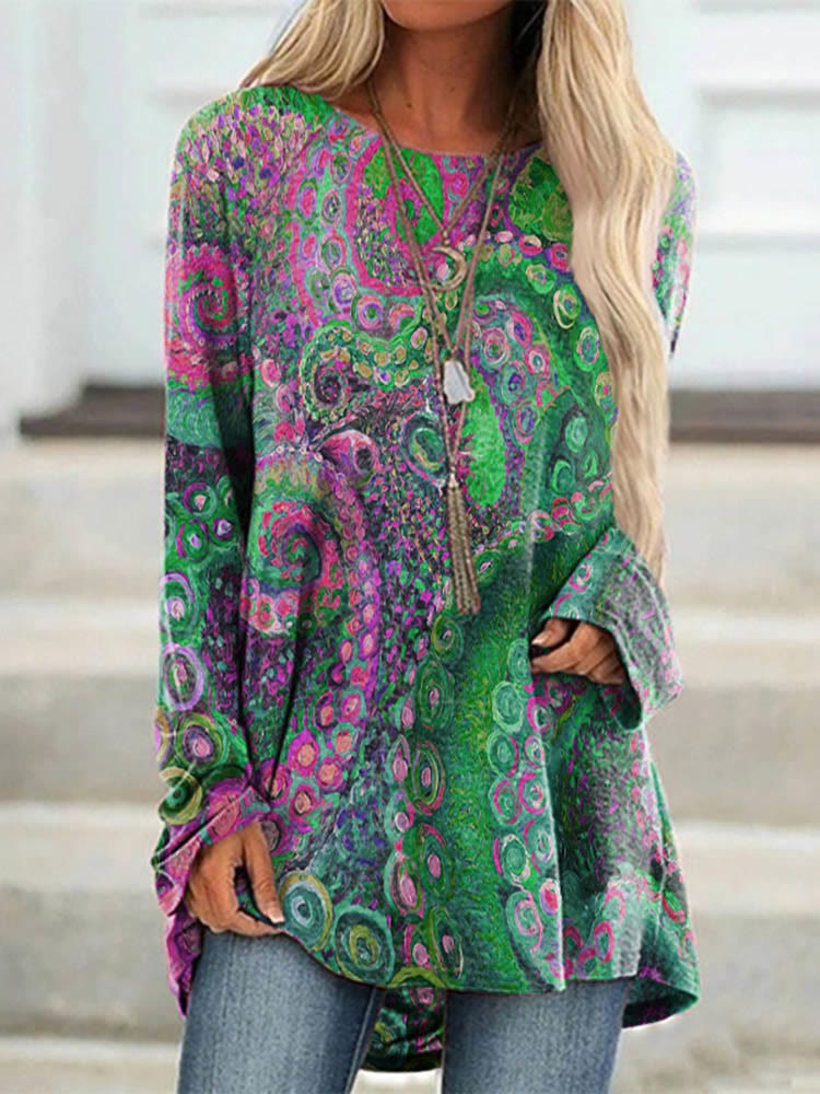 Multicolor Octopus Oil Painting Art Print Long Sleeved Tunic - Green - 8XL - image 2