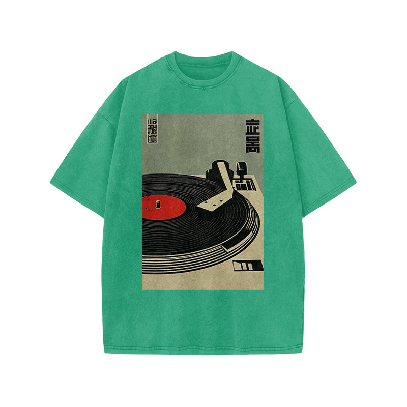 Japanese Broadcasting Turntable Art Print Acid Washed T-shirt - Green - US20-22(3XL) - image 6
