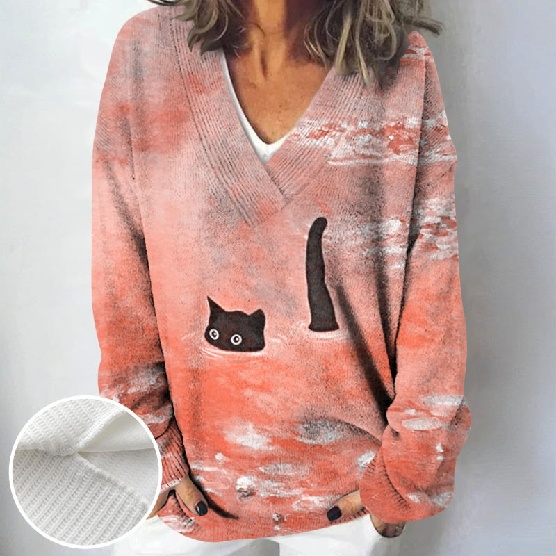 Women's Oil Painting Cat Print Causal V-neck Pullover Sweater - image 8